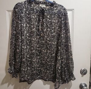 Black and White Shear Ruffled Blouse with Tie Front